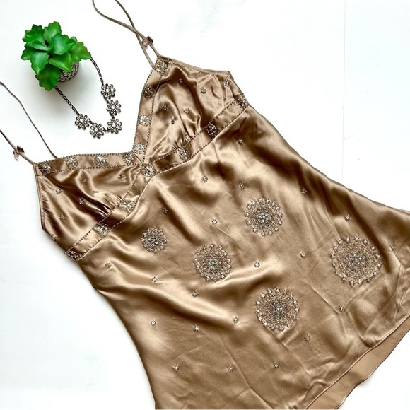 Victoria's Secret Gold Tan Silk Beaded Sequin Cami Spaghetti Strap Baby Doll Top - Picture 1 of 10